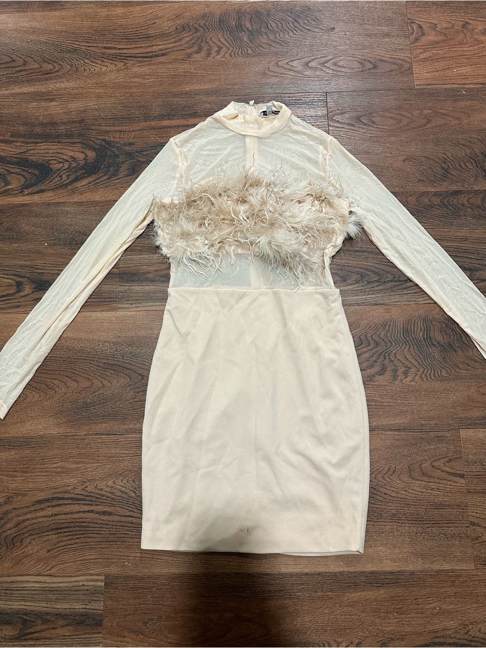 Sheer Long-Sleeve Feather Accent Bodycon Dress - Cream